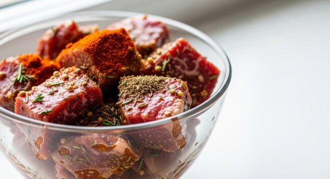 Raw Beef Cubes Marinated in Spices and Herbs in Glass Bowl, Food Preparation Close-up