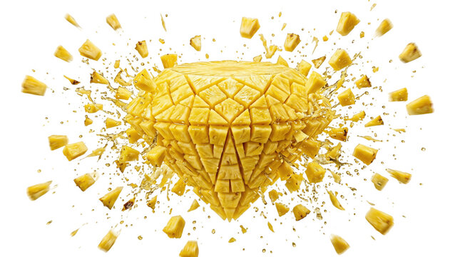 Pineapple diamond explosion with fruit pieces, luxury tropical fruit concept on white background, yellow pineapple gemstone with flying chunks