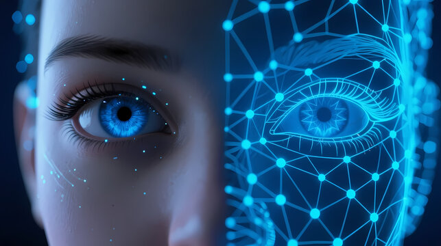 Half face with glowing blue grid eye