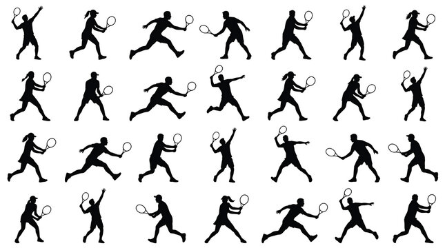 Black and White Tennis Player Silhouettes Collection Flat Vector Sports Action Set