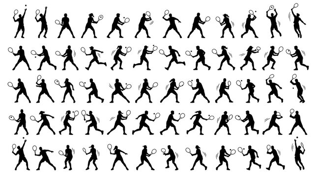 Black and White Tennis Player Silhouettes Collection Flat Vector Sports Action Set