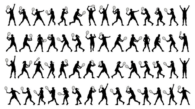 Black and White Tennis Player Silhouettes Collection Flat Vector Sports Action Set