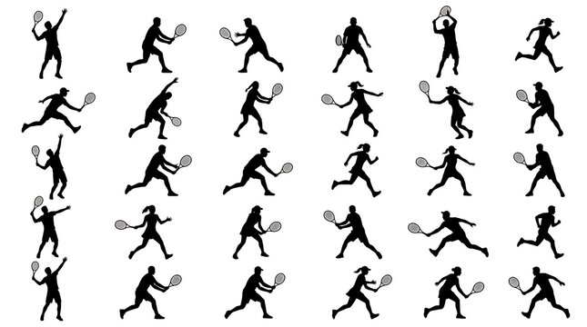 Black and White Tennis Player Silhouettes Collection Flat Vector Sports Action Set