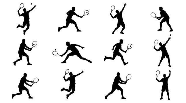 Black and White Tennis Player Silhouettes Collection Flat Vector Sports Action Set