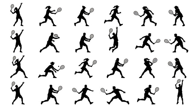 Black and White Tennis Player Silhouettes Collection Flat Vector Sports Action Set