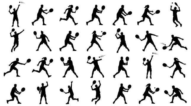 Black and White Tennis Player Silhouettes Collection Flat Vector Sports Action Set
