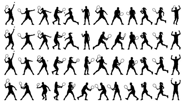 Black and White Tennis Player Silhouettes Collection Flat Vector Sports Action Set