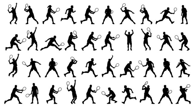 Black and White Tennis Player Silhouettes Collection Flat Vector Sports Action Set