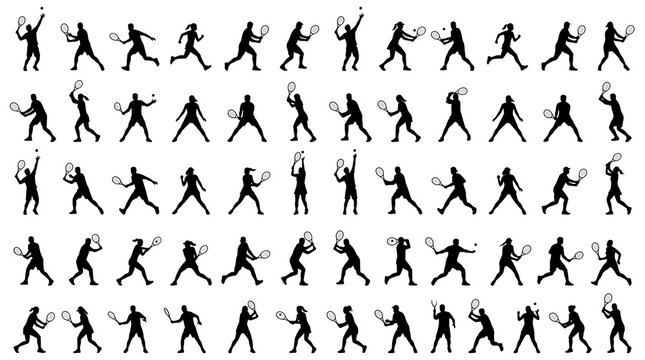 Black and White Tennis Player Silhouettes Collection Flat Vector Sports Action Set