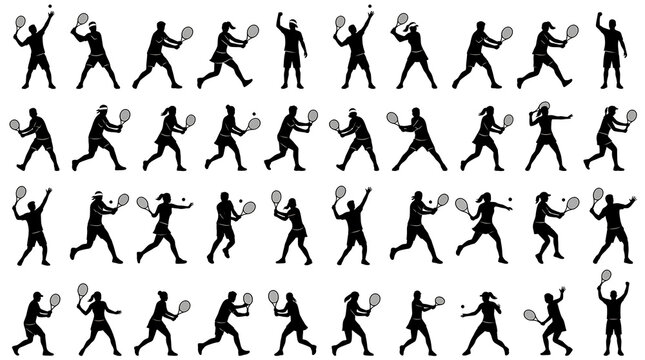 Black and White Tennis Player Silhouettes Collection Flat Vector Sports Action Set