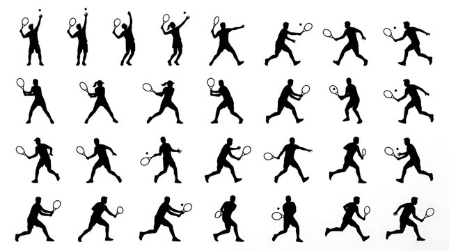 Black and White Tennis Player Silhouettes Collection Flat Vector Sports Action Set
