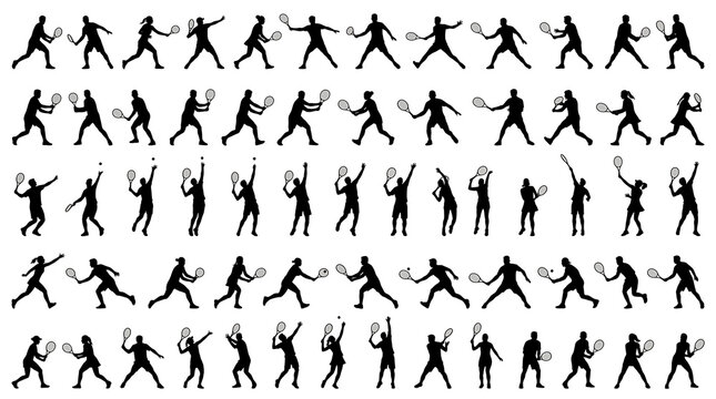 Black and White Tennis Player Silhouettes Collection Flat Vector Sports Action Set