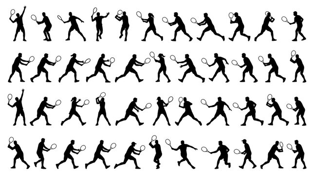 Black and White Tennis Player Silhouettes Collection Flat Vector Sports Action Set
