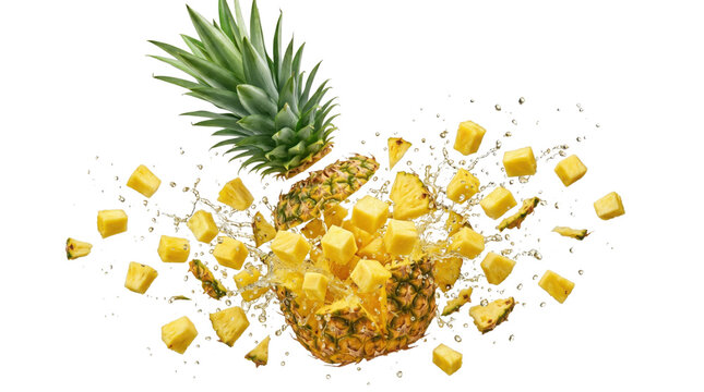 Exploding pineapple fruit with juice splash, flying yellow pineapple cubes on white background, fresh tropical fruit explosion for food packaging