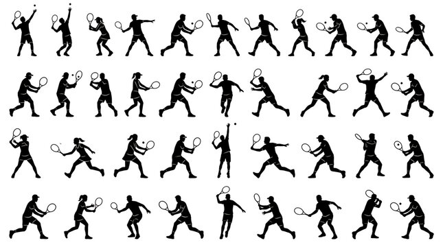 Black and White Tennis Player Silhouettes Collection Flat Vector Sports Action Set
