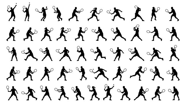 Black and White Tennis Player Silhouettes Collection Flat Vector Sports Action Set