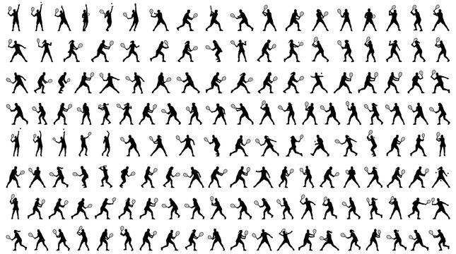 Black and White Tennis Player Silhouettes Collection Flat Vector Sports Action Set