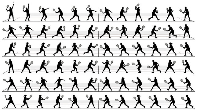 Black and White Tennis Player Silhouettes Collection Flat Vector Sports Action Set