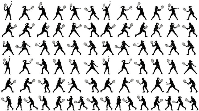Black and White Tennis Player Silhouettes Collection Flat Vector Sports Action Set