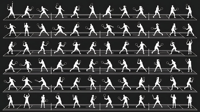 Black and White Tennis Player Silhouettes Collection Flat Vector Sports Action Set