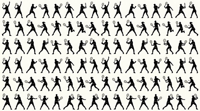 Black and White Tennis Player Silhouettes Collection Flat Vector Sports Action Set