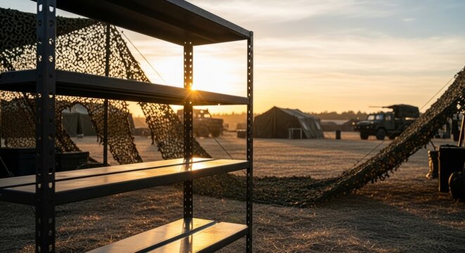 Empty metal shelving unit in military camp at sunrise, showcasing rugged outdoor equipment storage and readiness