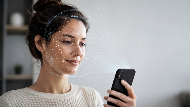 A person using facial recognition on a smartphone with abstract AI identity verification patterns around the face, a privacy-conscious technology concept