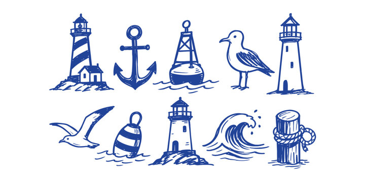 lighthouse and coastal elements maritime navigation doodle icon set vector illustration