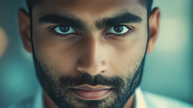 Close-up of a young man with dark complexion looking straight ahead with focused eyes.
