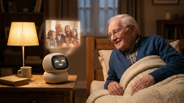 Smiling senior man in bed watching family hologram projected by a smart home robot