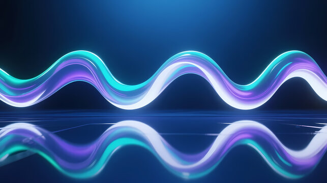 Neon light waves reflecting in dark space