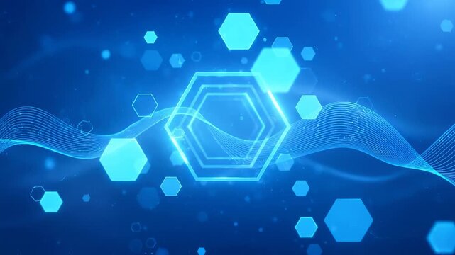 Abstract blue digital network of glowing hexagons and flowing waves