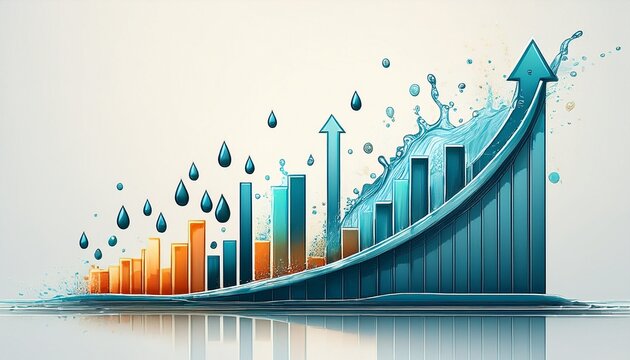 a growing graph of drops and splashes of water on a white background