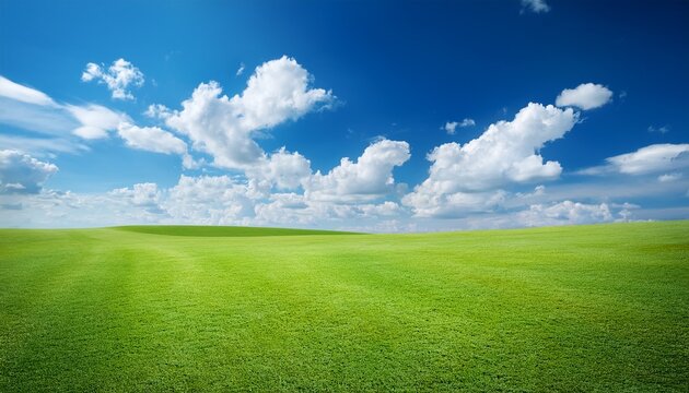 an empty green grass field with blue sky and white clouds
