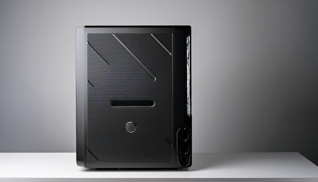back side of midi tower computer case on white table