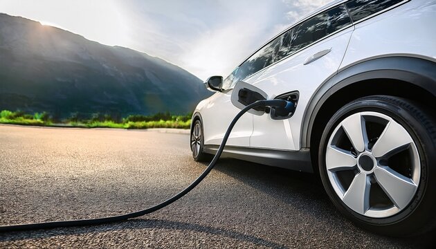 close up of electric car charging sleek white vehicle with plugged in charger