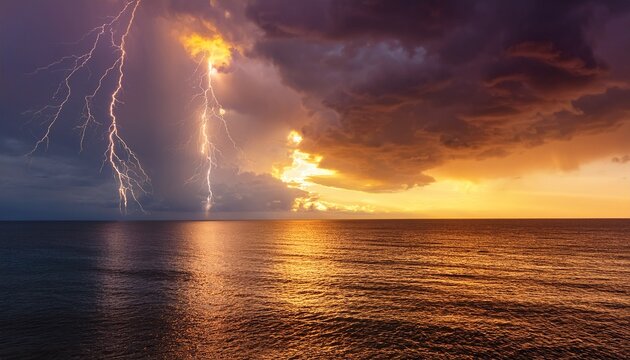 dramatic golden hour sky with lightning over calm sea
