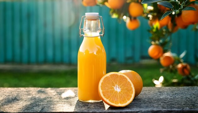 artisanal bottle of cold pressed orange juice outdoors