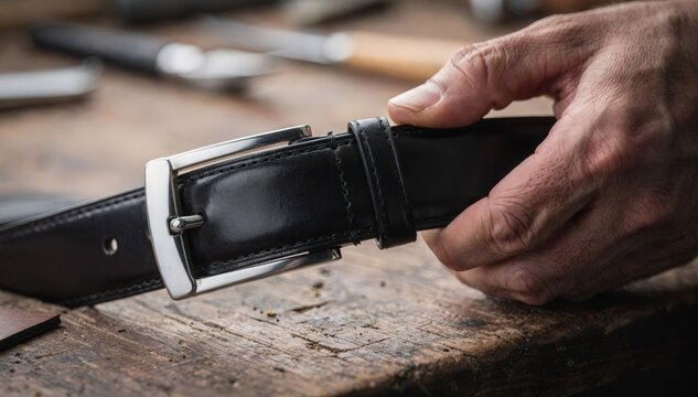 Closeup of a craftsman carefully assembling a sleek formal leather belt focusing on smooth finishes and elegant buckling techniques.