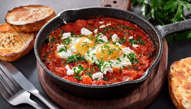spicy tomato shakshuka with feta and herbs
