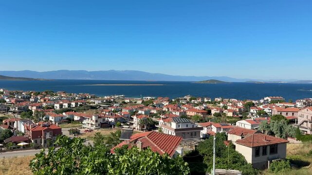 Panoramic view of the sea and Cunda Island. 4k video