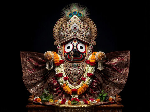 Ornate Wooden Idol of Hindu Deity Lord Jagannath Decorated with Garlands and Peacock Feathers