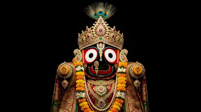 Ornate Idol of Hindu Deity Lord Jagannath with Large Round Eyes, Golden Crown, and Peacock Feather Crown Accent