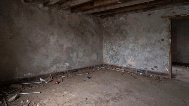 Empty room peeling paint debris scattered floor walls covered dirt grime ceiling made wooden beams appears dil