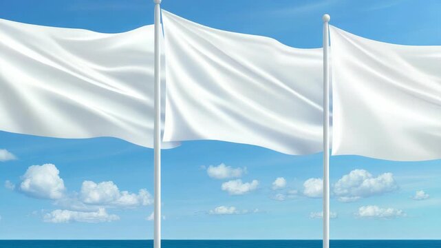 A trio of waving flags with blue backgrounds and white crosses representing unity and identity.