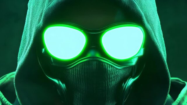 A mysterious character with a green glowing mask stands ominously in the shadows.