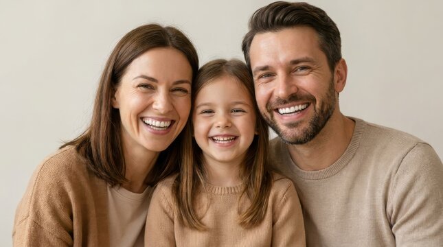 Portrait of a happy family smiling with healthy white teeth. Cheerful mother father and young daughter posing together. Dental health and family bonding concept