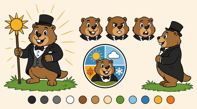 Cartoon Groundhog in Formal Attire with Weather Icons.