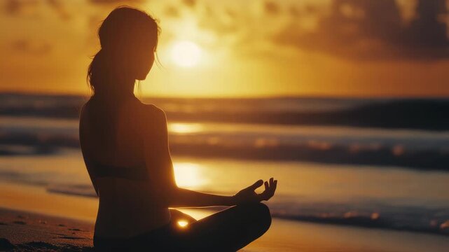 A serene scene of a woman in a yoga pose with her back to the sun setting over the ocean.