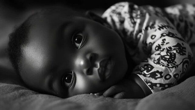 A beautiful black and white of an adorable newborn child with chubby cheeks.